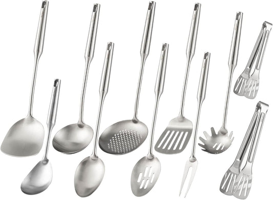 18/10 Stainless Steel Kitchen Utensils Set - 15” All Metal Cooking Tools, 11PCS - 2 Tongs, Fork, Solid Spoon, Slotted Spoon, Spatula, Soup Ladle, Skimmer, Slotted Spatula, Spaghetti Spoon, Large Spoon