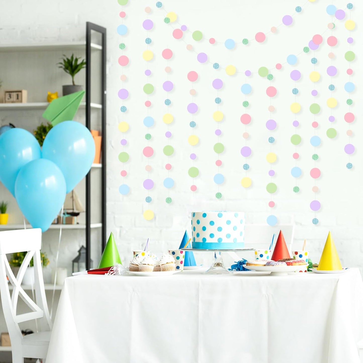 Outus 10 Pieces Colorful Dots Paper Garland Round Glitter Garland Hanging Confetti Streamers Backdrop Decoration for Birthday Classroom Candy Sprinkles Trunk or Treat Party (Pastel)