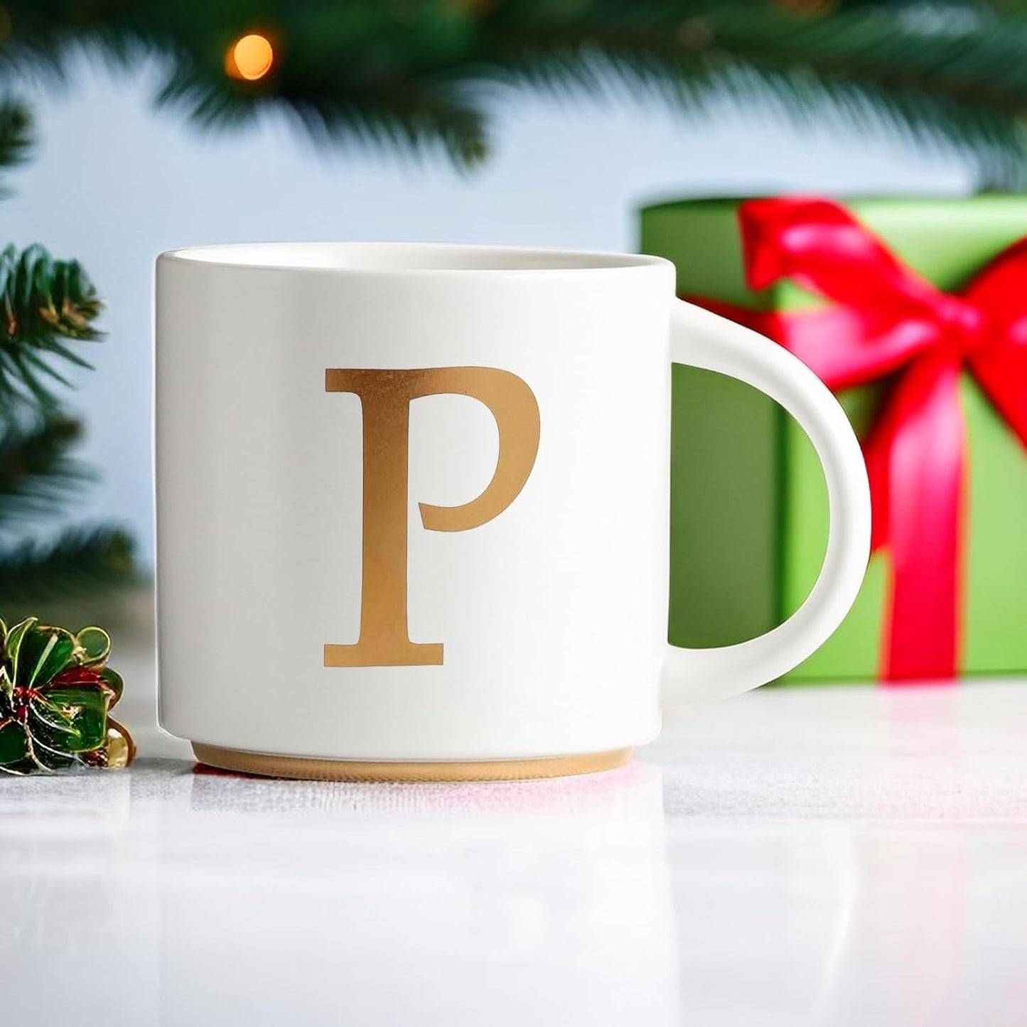 COLLECTIVE HOME - Monogram Ceramic Mugs, 15 oz Golden Initial Coffee Cups, Elegant Alphabet Tea Mugs, Elegant Personalized Mug with Gift Box, Unique Mug with Double Side Capital Letter (P)