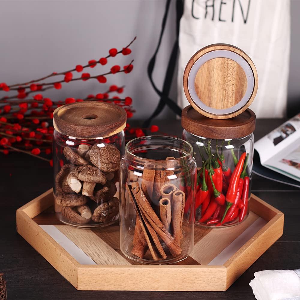 SAIOOL Glass Jars, Food Storage Containers with Airtight Acacia Lids, 20FL OZ(600ml) Glass Canisters Set-3, Clear Containers Suit for Storing Tea, Coffee, Flour, Candy, Cookie, Rice, Sugar, Pasta