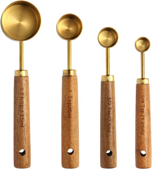 Gold Measuring Cups and Spoons Set of 4, Golden Stainless Steel Measuring Cups with Wooden Handles brass Measuring Spoons Set for Baking Supplies