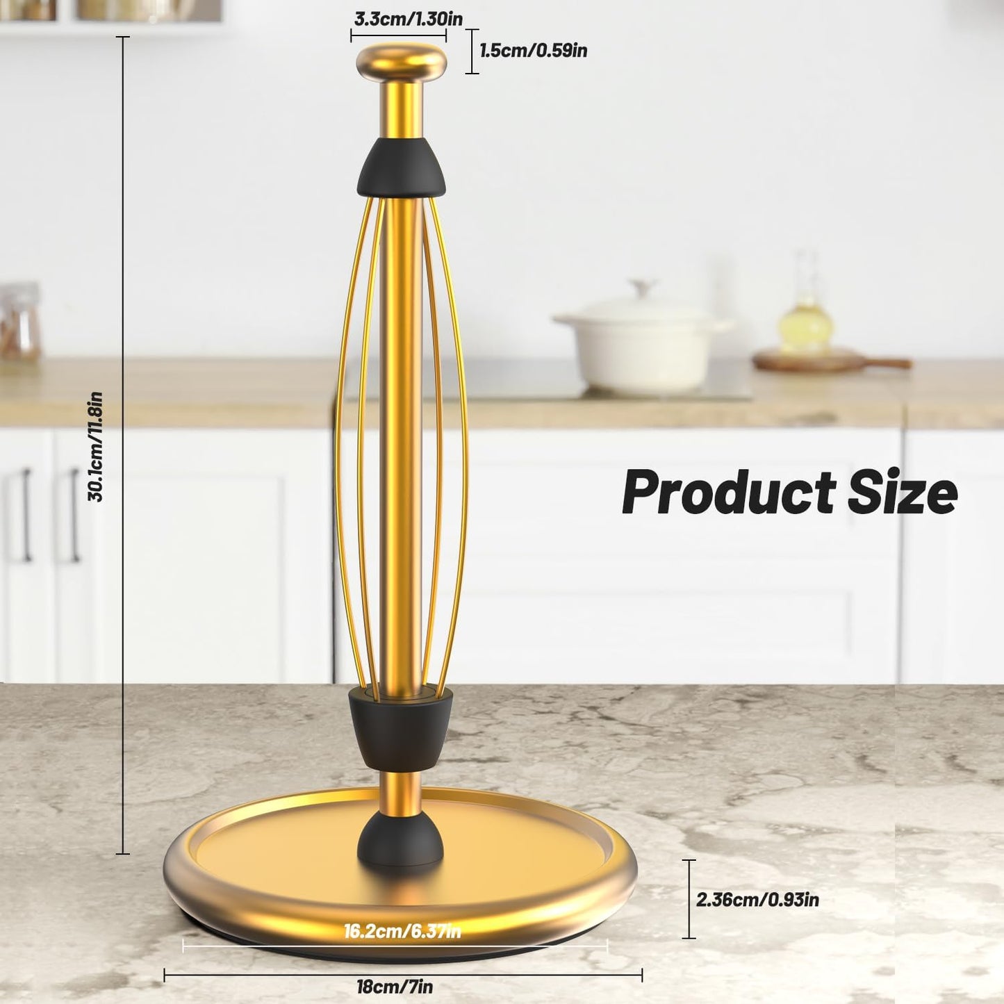VEHHE Gold Paper Towel Holder Countertop with Weighted Base, One-Handed Tear Kitchen Towel Holder with Damping Function and EVA Non-Slip Pad for Bathroom