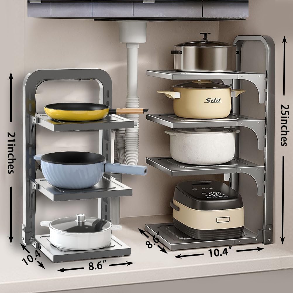 Pots and Pans Organizer Under Cabinet,4 Tier Adjustable Cabinet Pan Organizer Rack, 25''Heavy Duty Pot Rack,Pot lid organizer for Kitchen Pantry to Store Dutch Ovens,Cast-Iron Pans(4L-A)