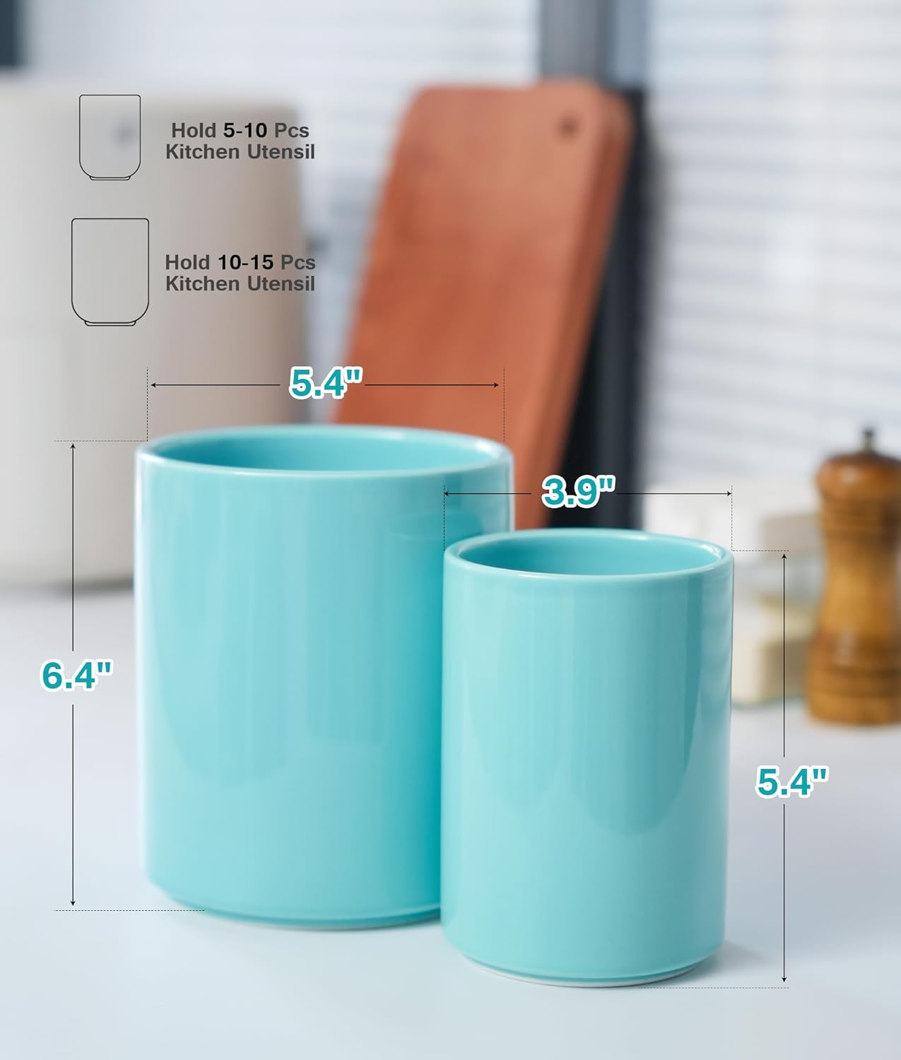 Set of 2 Utensil Holder, 7"+5" Ceramic Kitchen Utensil Holder for Countertop, Large Cooking Utensil Crocks for Counter, Morden Utensil Organizer for Spatula, Kitchen Decor (Blue)