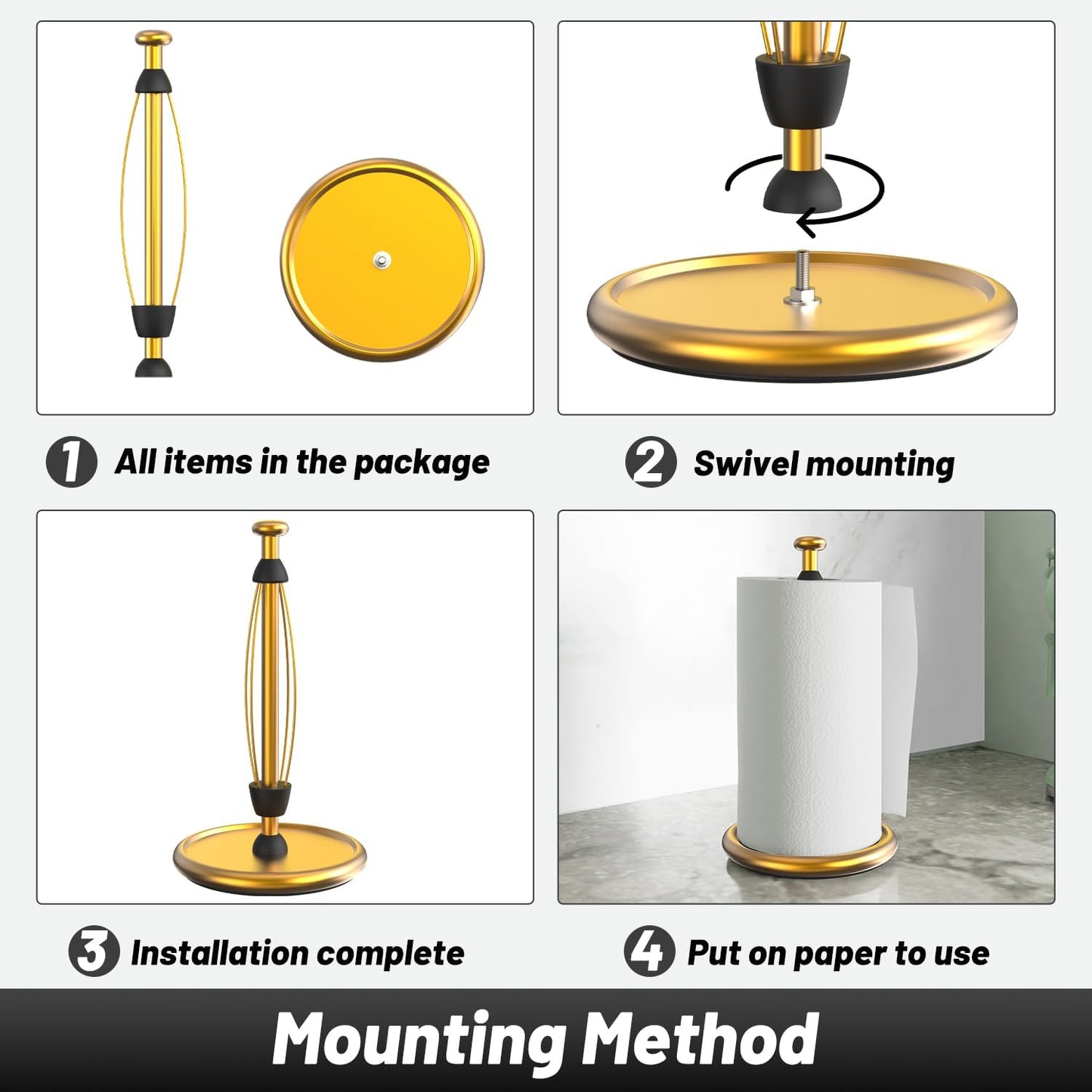 VEHHE Gold Paper Towel Holder Countertop with Weighted Base, One-Handed Tear Kitchen Towel Holder with Damping Function and EVA Non-Slip Pad for Bathroom