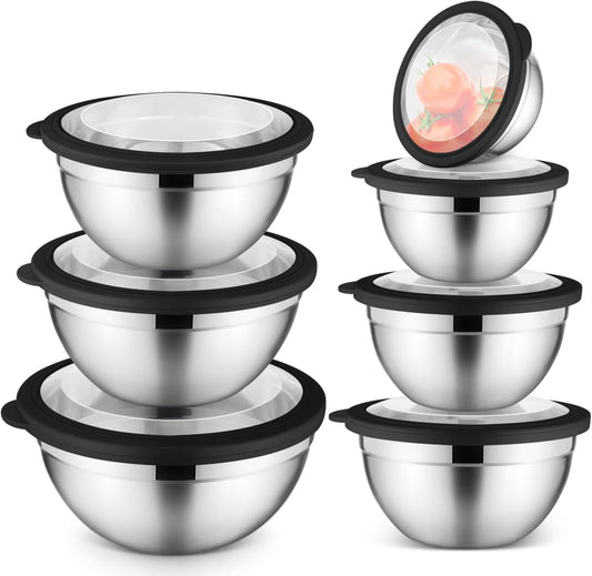 E-far Mixing Bowls Set of 7, Stainless Steel Mixing Bowls with Airtight Clear Lids, Metal Nesting Bowls for Kitchen Prep, Baking, Serving, Dishwasher Safe, Size 4.6, 3.5, 3, 2, 1.5, 1, 0.7QT, Black