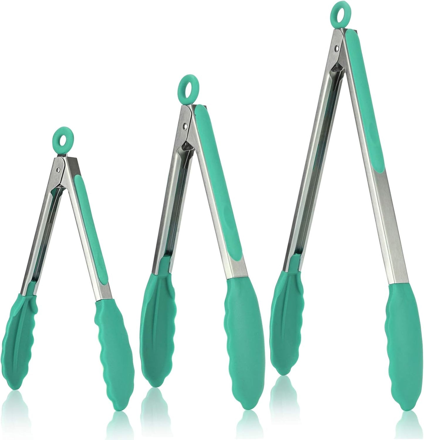 Kitchen Tongs, U-Taste 7/9/12 inches Cooking Tongs, with 600ºF High Heat-Resistant Non-Stick Silicone Tips, 18/8 Stainless Steel Handle, for Food Grill, Salad, BBQ, Frying, Serving, Pack of 3(Teal)