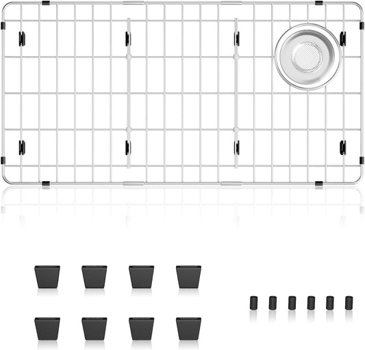 28-1/4" x 14-1/4" x 1-1/4" Stainless Steel Sink Rack for Bottom of Sink, Metal Sink Protectors For Kitchen Sink, Sink Grid, Sink Bottom Grid with Side Drain, Kitchen Sink Grid with Sink Strainer