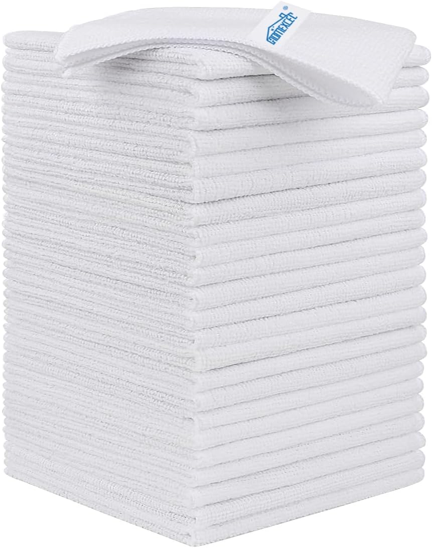 HOMEXCEL White Microfiber Cleaning Cloth, 24 Pack Cleaning Towels for Kitchen, Lint Free, Scratch-Free, Highly Absorbent, and Reusable Cleaning Rags for House, Window and Glass, Cars, 11.5 X11.5 inch