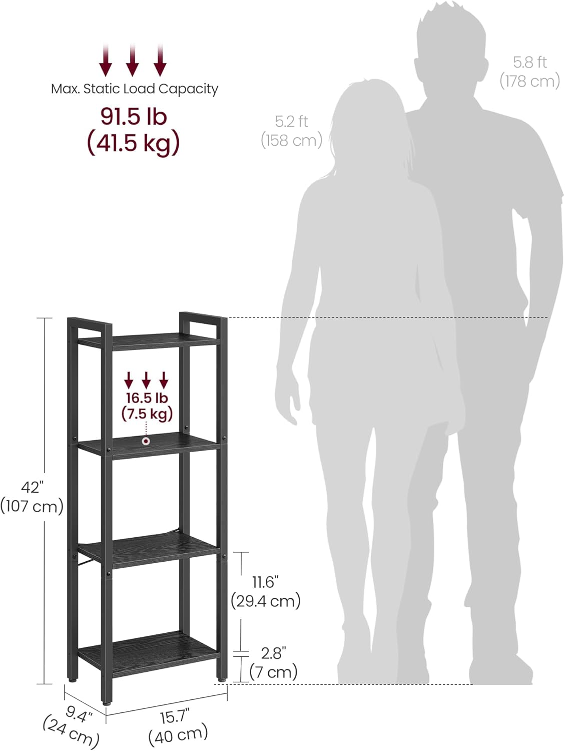 VASAGLE 4-Tier Bookshelf, Bookcase with Steel Frame, Book Shelf for Living Room, Home Office, Study, 9.4 x 15.7 x 42 Inches, Industrial Style, Ebony Black and Ink Black ULLS099B56