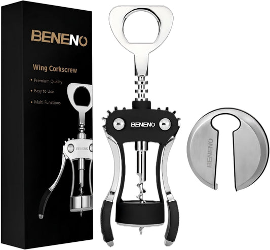 Beneno Wine Opener with Stainless Steel Wine Foil Cutter - Bottle Top Seal Cutter, Zinc Alloy Premium Wing Corkscrew with Multifunctional Bottles Opener, Upgrade Black Set