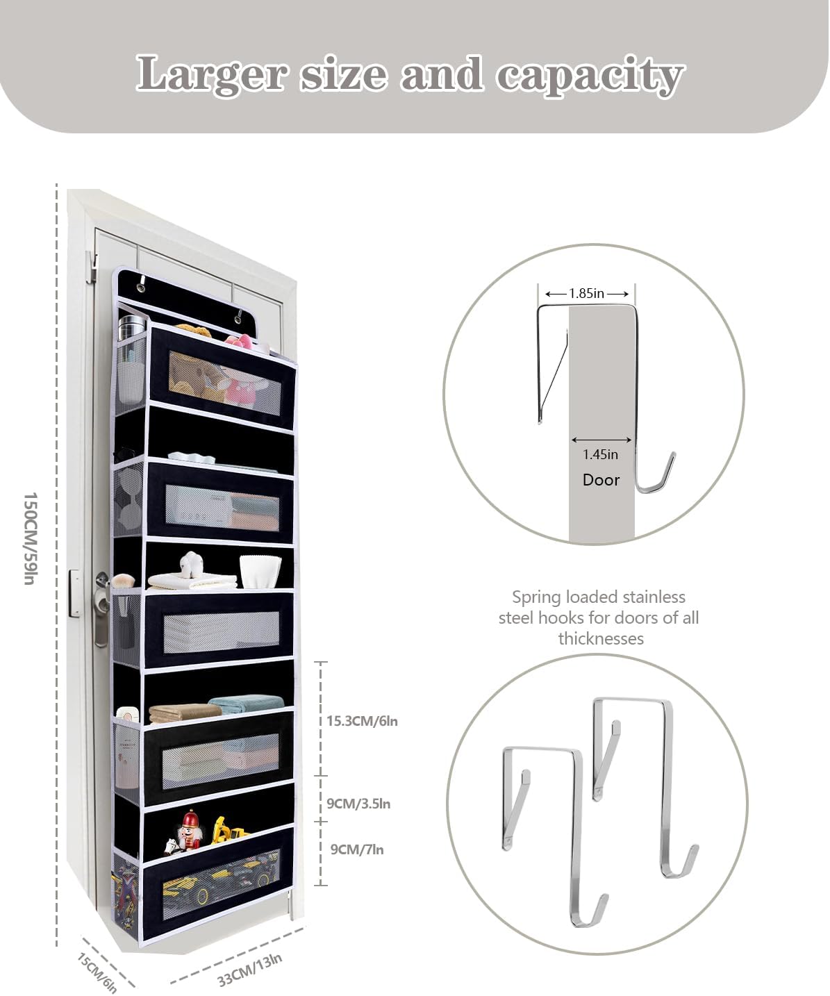 Over Door Hanging Storage Organizer, 5 Large Pockets, 10 Mesh Pockets,Black, 44 lbs Capacity (Black)