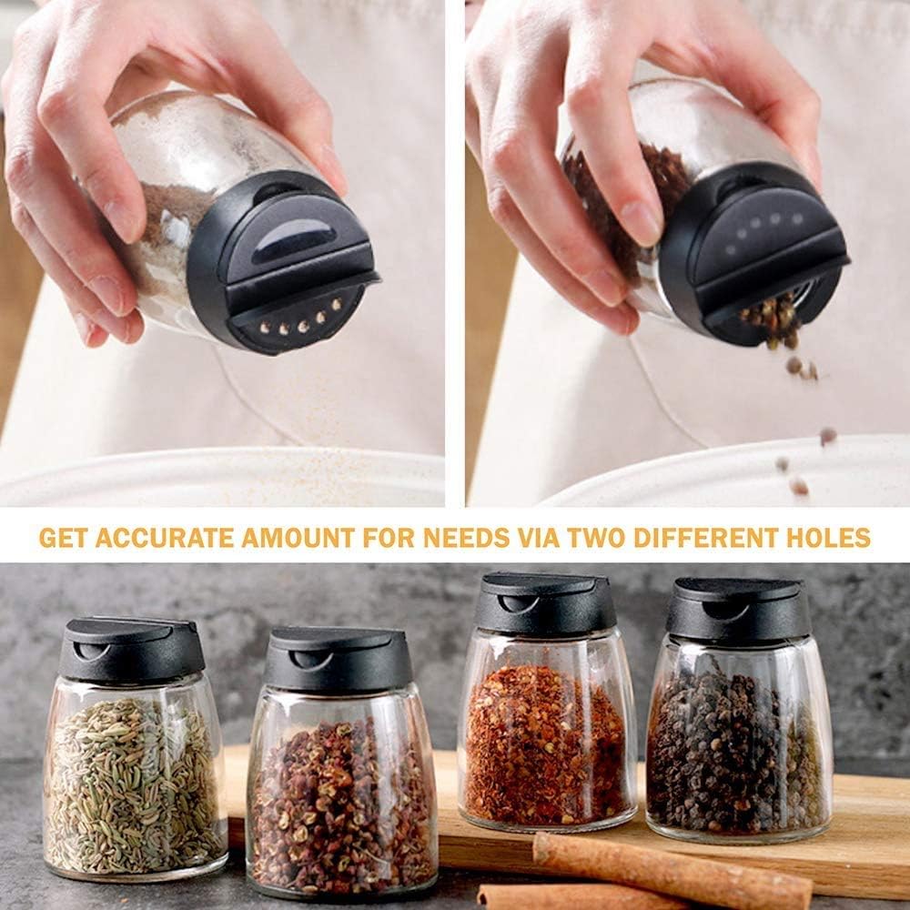 Glass Spice Jars, Double Lids Seasoning Shakers Glass Bottles Spice Shakers Sifter Barbecue Salt & Pepper Shaker Container (4PCS）