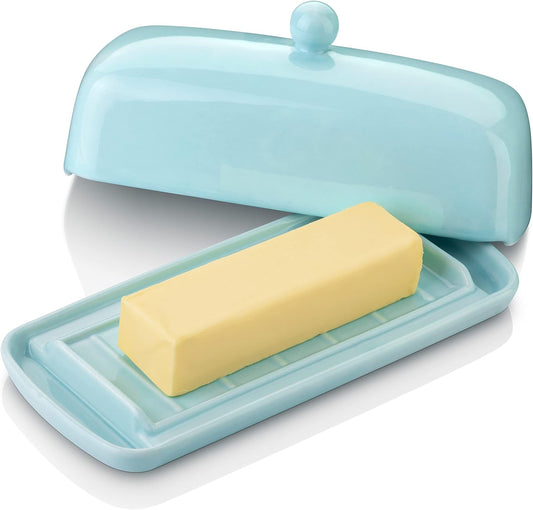 Nucookery Ceramic Butter Dish with Lid | Raised Legs and Non-Slip Strip Design | Porcelain Health | Dishwasher Safe, Lake Blue