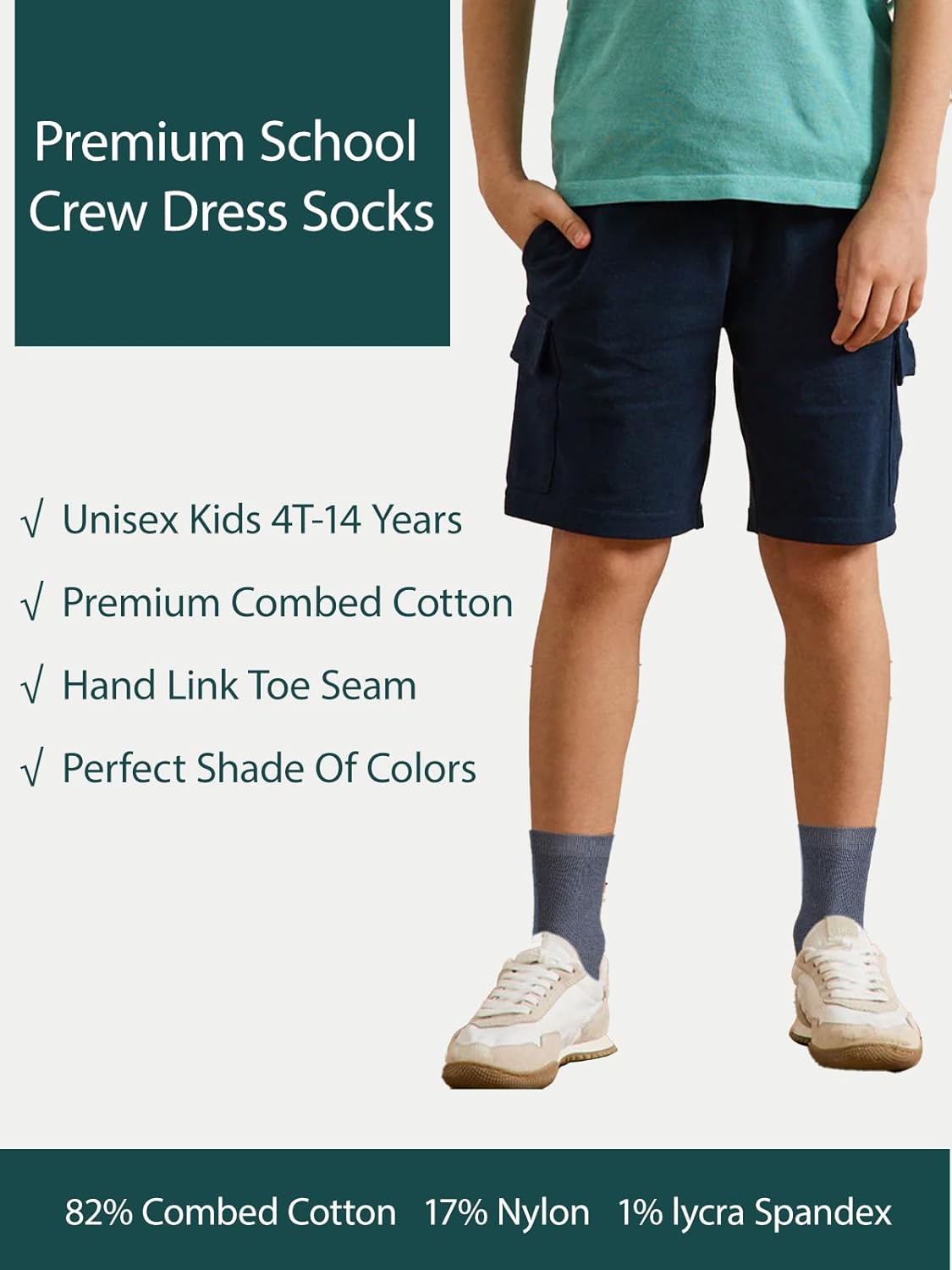 COTTON DAY Unisex Little Kids Youth Boys Girls Soft Cotton Crew Dress Socks Seamless Toe Black White Gray Navy 6 Pack
