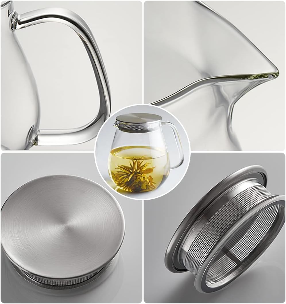 IwaiLoft Glass Teapot with Removable Stainless Steel Filter Lid Stovetop & Microwave Safe Borosilicate Glass Kettle for Loose Leaf, Blooming Tea And Coffee Sharing (24OZ)
