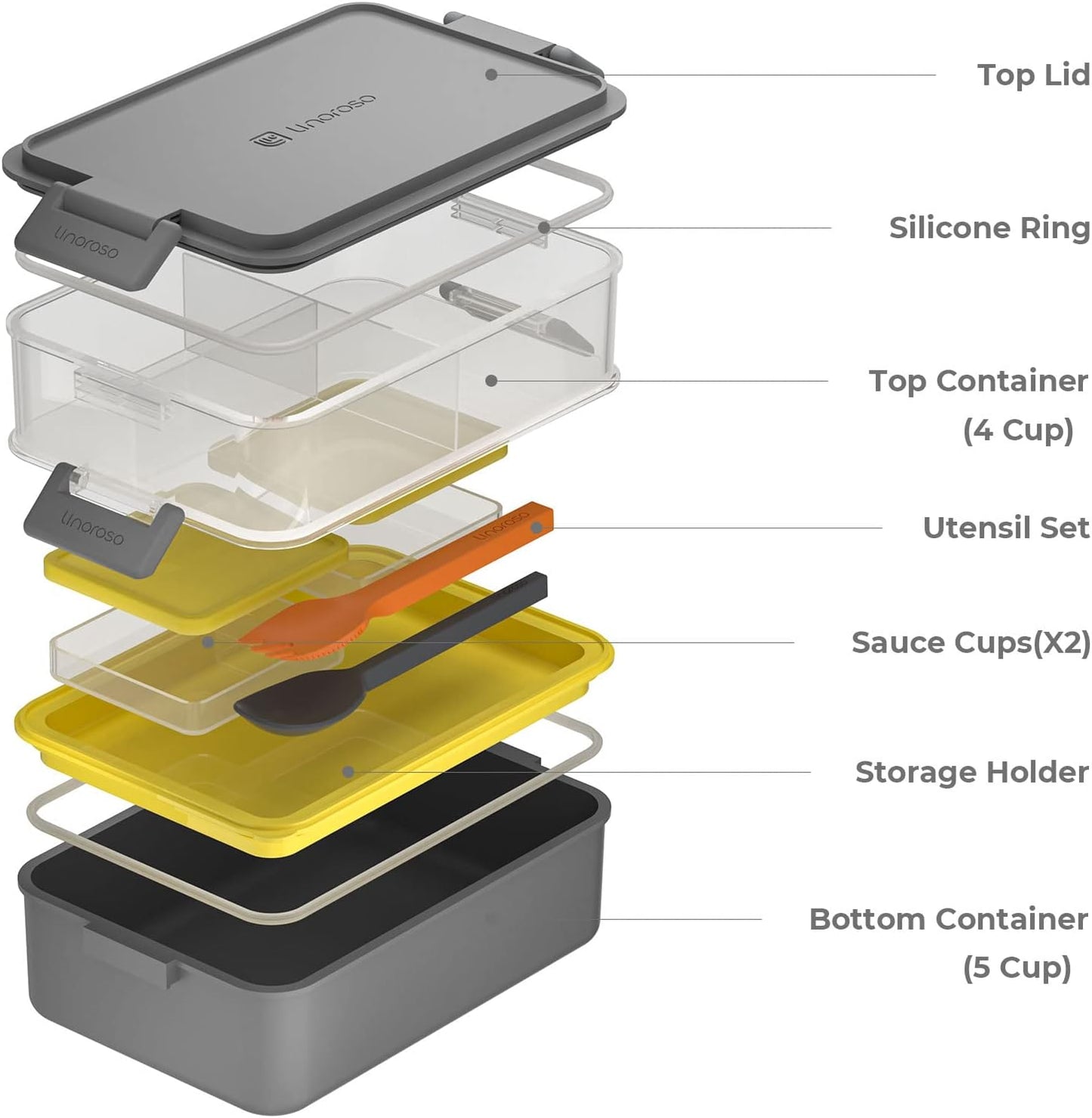 linoroso Stackable Bento Box Adult Lunch Box | Meet All You On-the-Go Needs for Food, Salad and Snack, Premium Bento Lunch Box for Adults Include Utensil Set, Dressing Containers - Ultimate Gray