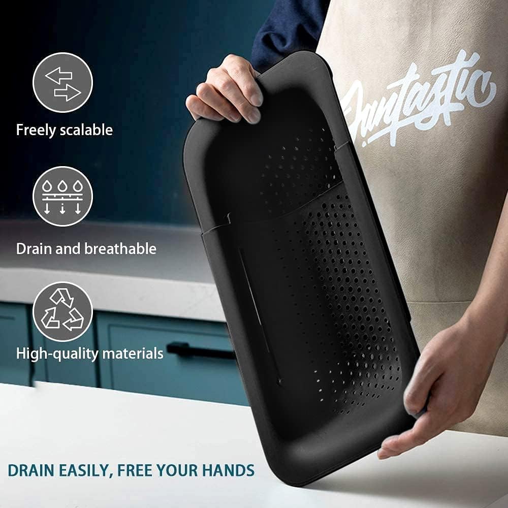 Collapsible Sink Colanders and Strainers Basket Extendable Plastic Fruit Vegetable Strainer Drainer Basket for Kitchen (Length 13.6 inch-18.7 inch) (Black) 6 * 10