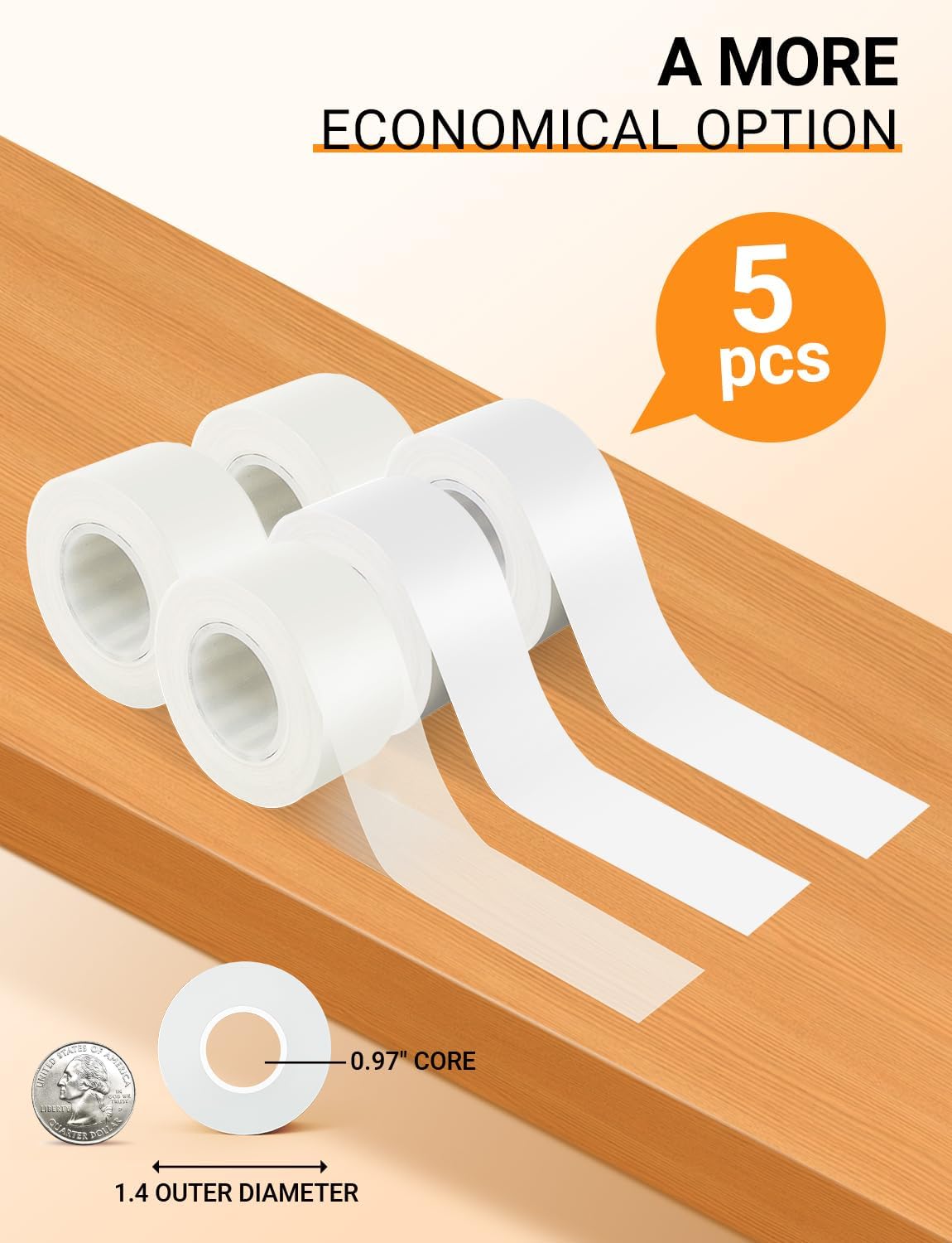 MakeID E1 Q1 Label Maker Tape Refills, 5-Roll 16mm x 4m (0.63" x 13') Continuous Consumables Thermal Laminated Office Labeling Tape Replacement