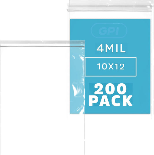GPI - 10" X 12" Bulk Pack of 200, 4 Mil Thick, Heavy Duty, Clear Plastic Reclosable Freezer Zip Bags, Strong & Durable Poly Baggies with Resealable Zipper Top Lock.
