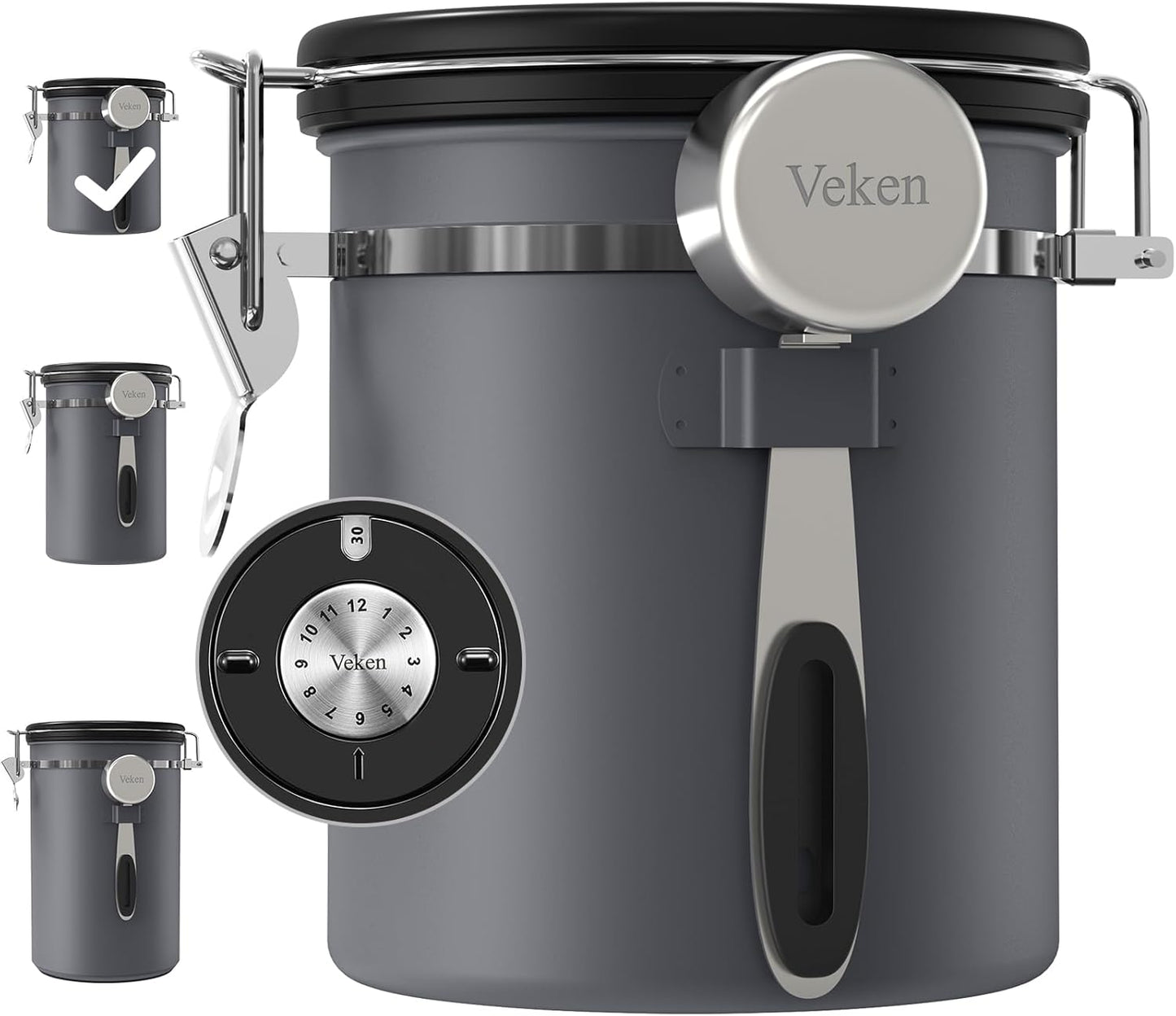 Veken Coffee Canister, Airtight Stainless Steel Kitchen Food Storage Container with Date Tracker and Scoop for Beans, Grounds, Tea, Flour, Cereal, Sugar, Cookies Jars, 16OZ Gray
