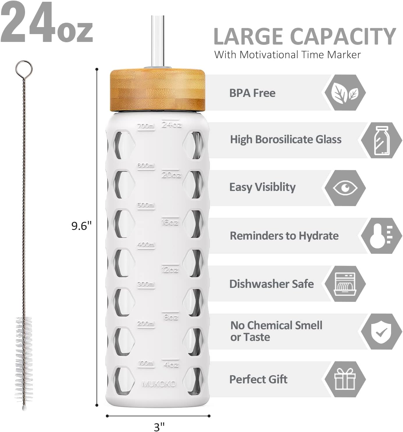 MUKOKO 24oz Glass Water Bottle with 2 Lids-Handle Flip Lid&Bamboo Straw Lid,Motivational Water Tumbler with Time Marker Reminder and Silicone Sleeve, Leakproof-White