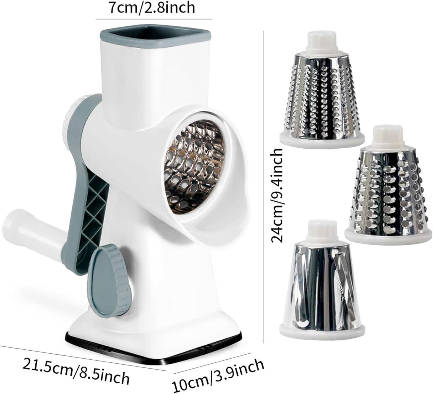 Rotary Cheese Grater Multi-Purpose Stainless Steel Cheese Shredder - Cheese Grater With Handle Effortless Grating of Carrots, Potatoes, Vegetables, and Fruits (White)