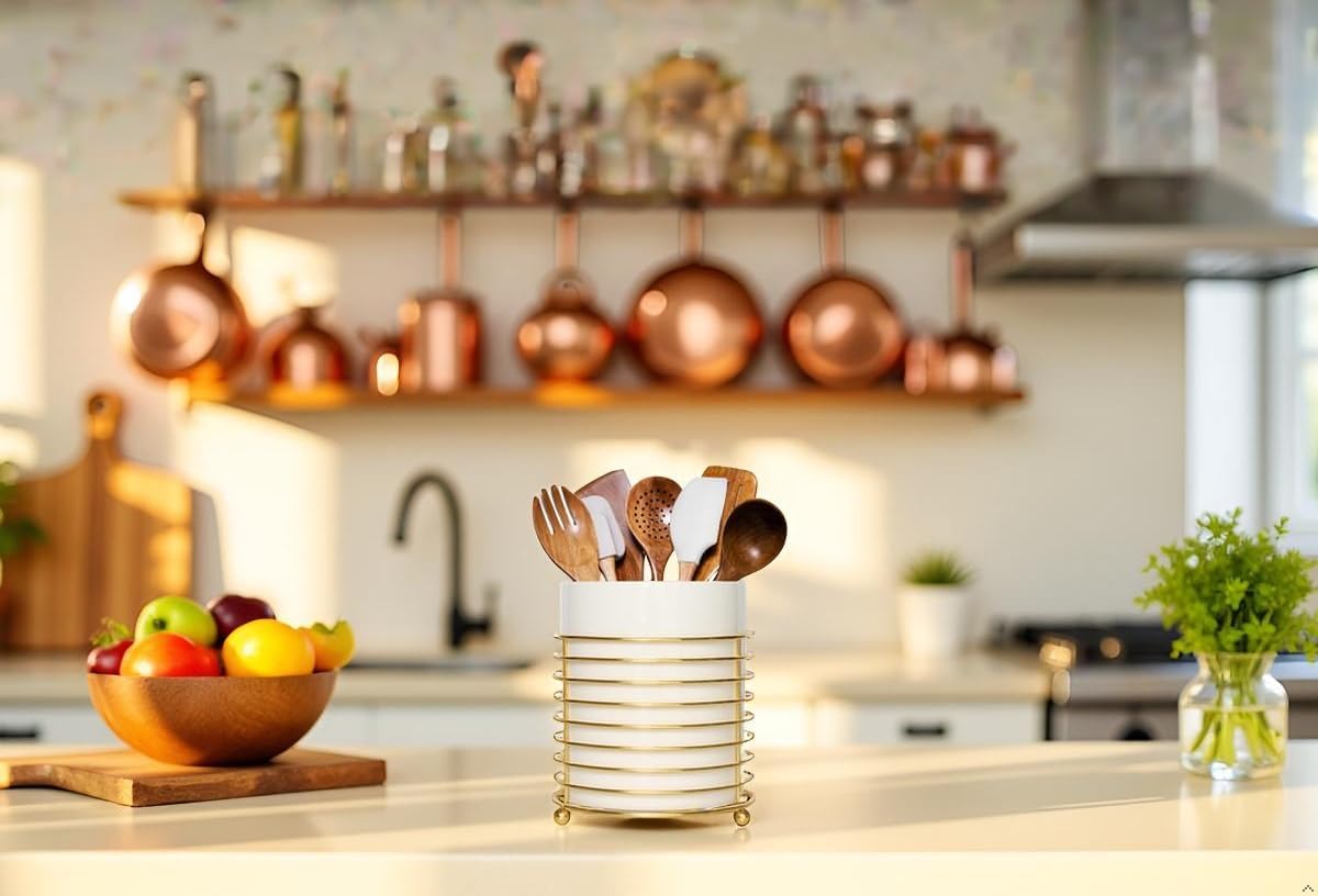 Utensil Holder for Kitchen Counter Large Cooking Utensil Holder,Gold Ring Metal Frame and White Ceramics