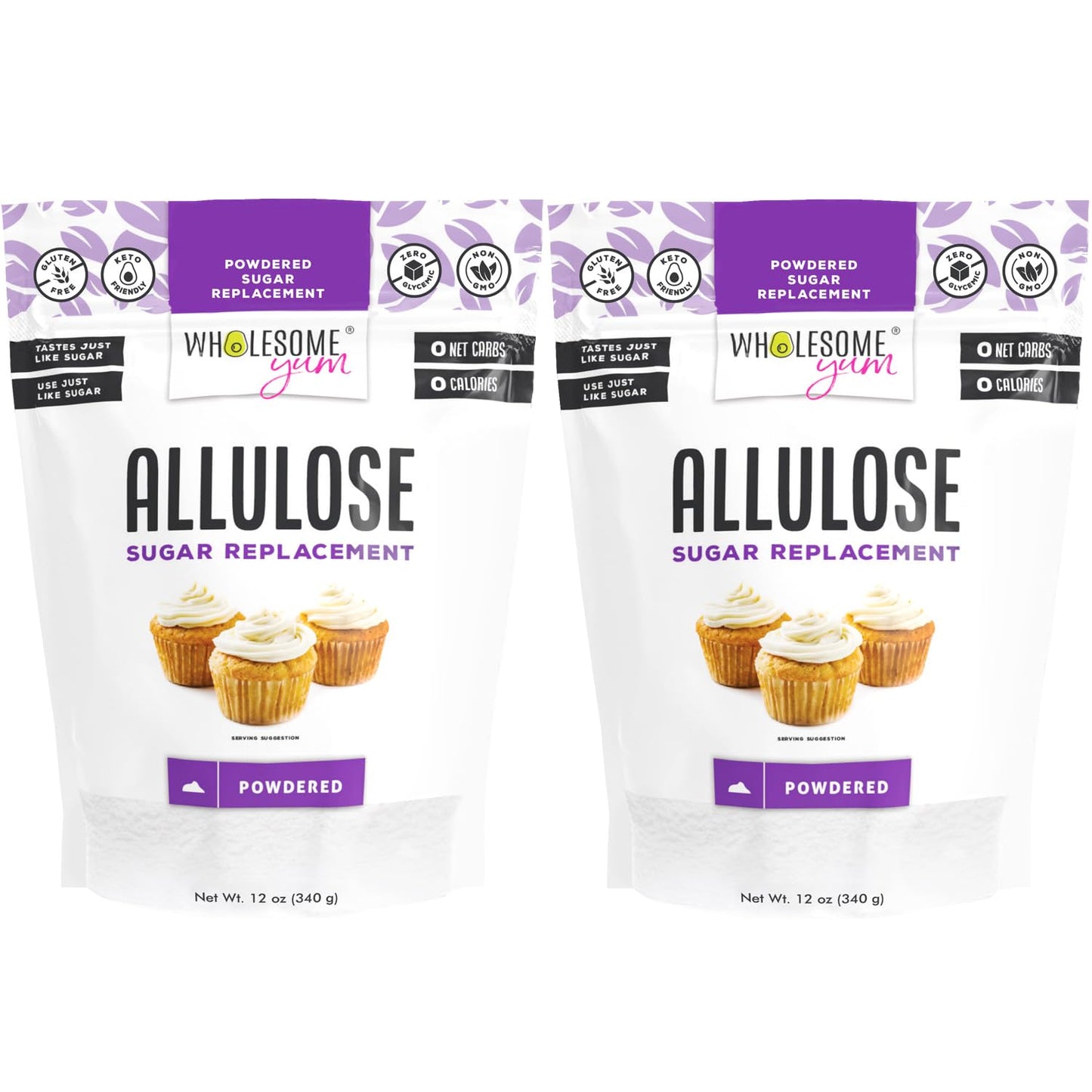 Wholesome Yum Powdered Allulose Sweetener - Natural Keto Powdered Sugar Substitute - Non GMO, Zero Carb, 0 Calorie, Sugar Free, No Aftertaste - Confectioners Sugar Replacement (12 oz, 2 Pack)