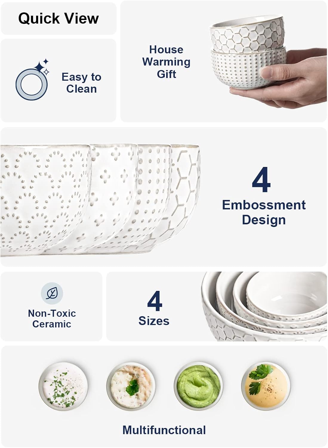 LE TAUCI Small Bowls 7 OZ, Ceramic Embossment Stoneware Bowl for Dipping, Side Dish, Sauce, Appetizer, Dessert, Sushi, Suit For House-warming - 3.5 inch, Set of 4, Arctic white