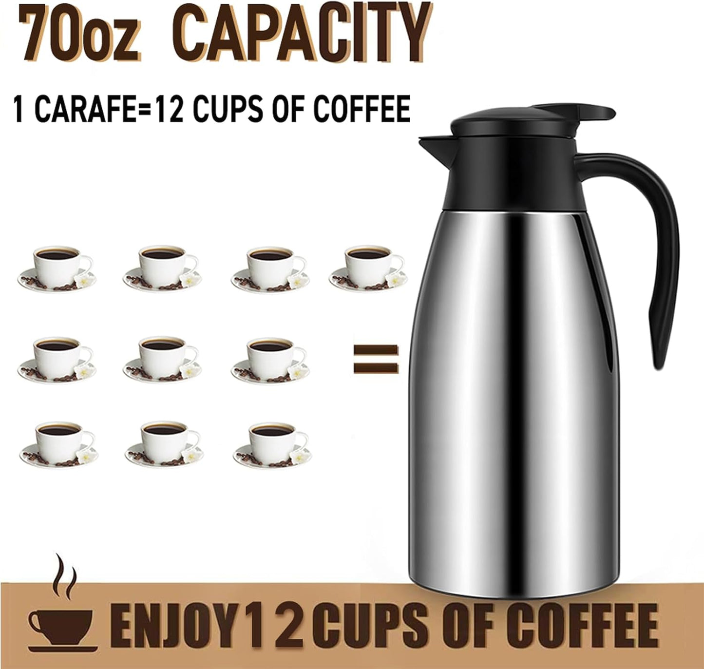 70oz Thermal Coffee Carafe, 2 Pack Airpot Insulated Coffee Urns Stainless Steel Vacuum Thermal Pot Dispenser for Coffee, Hot Water, Tea - Keep 12 Hours Hot, 24 Hours Cold (Silver)