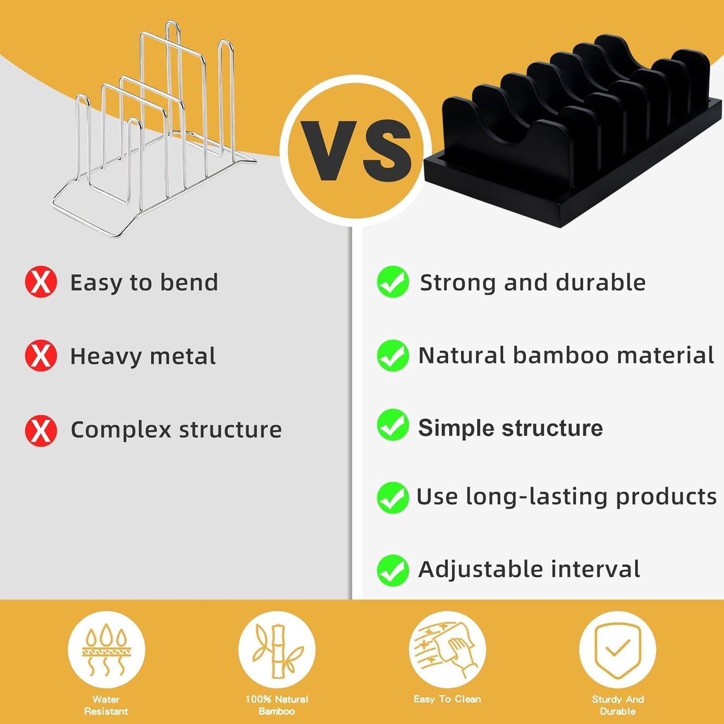 MinBoo Bamboo Pot Lid Organizer Pot Lid Holder, Pot and Pan Organizer Drawer Organizer for Pot Lids, Pans, Cutting Boards & Baking Sheets, Dinner Plates, Reusable Containers in Cabinet Storage,Black