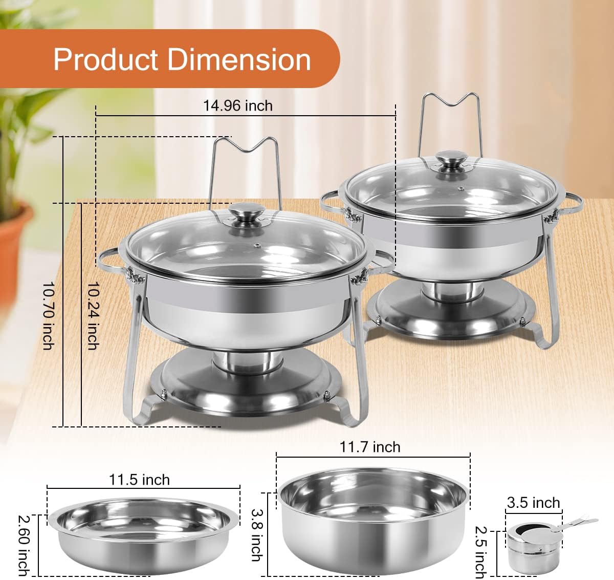 6 Packs Round Chafing Dish Buffet Set, 4 QT Stainless Steel Chafing Dishes with Glass Lid & Lid Holder, Catering Food Warmers for Parties Buffet Weddings Events