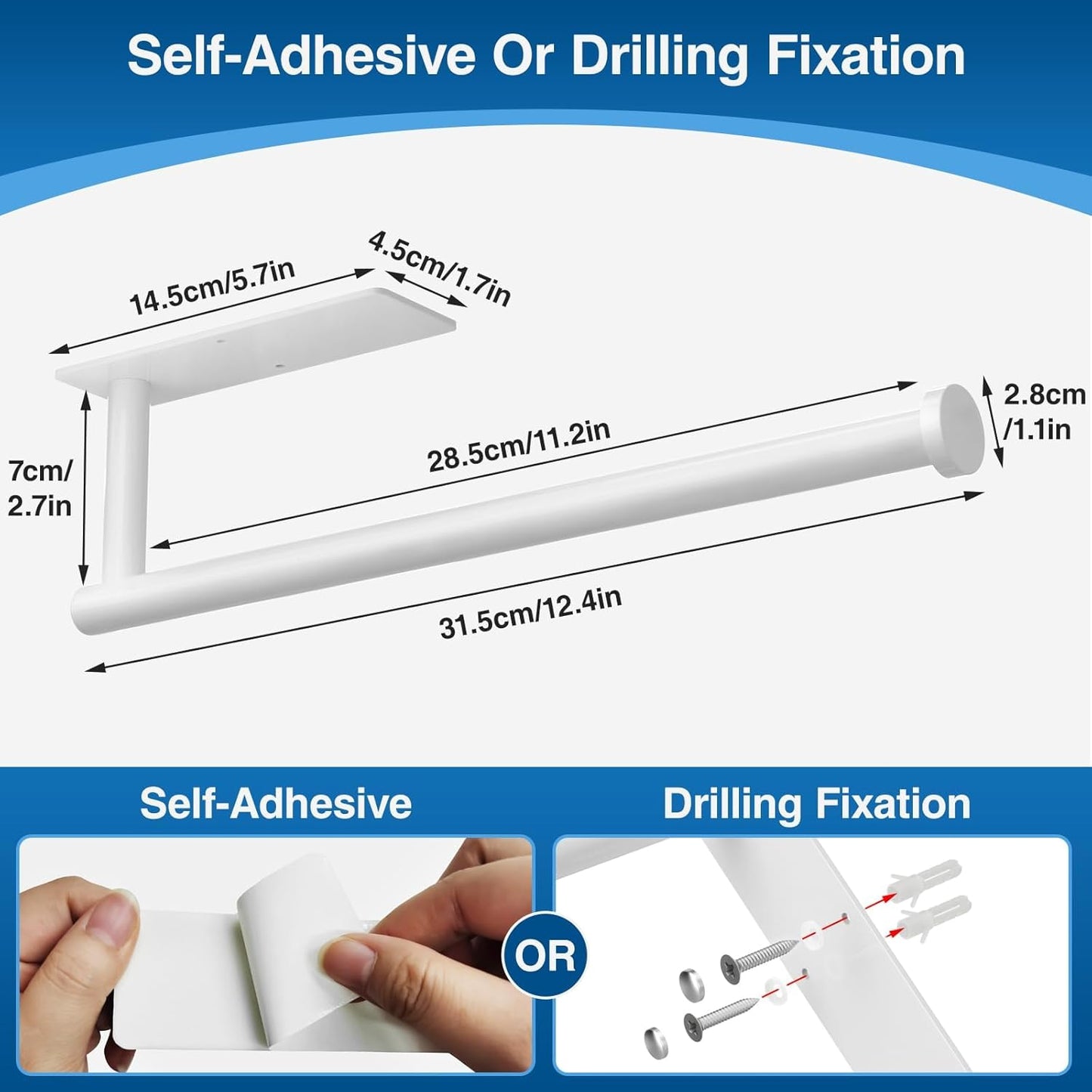 Paper Towel Holder - Self-Adhesive or Drilling, White, Wall Mounted, SUS304 Stainless Steel Kitchen Roll Dispenser Under Cabinet