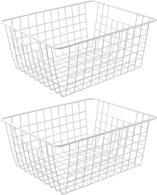14" Upright Freezer Storage Baskets, Large White Wire Storage Bins Bakset for Freezer, Pantry, Bathroom Organizing, Set of 2