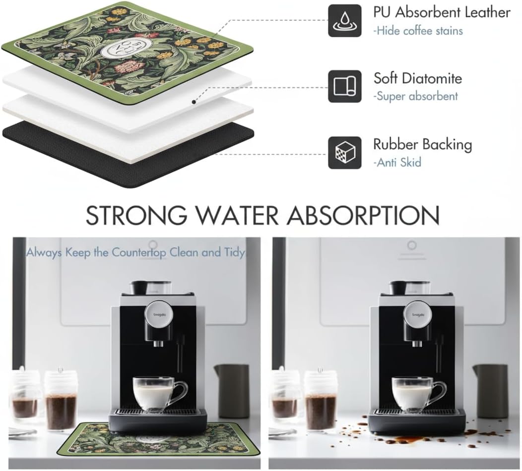 Dish Drying Mat Super Absorbent – 16" x 18" Coffee Mat for Countertops – Non-Slip Drying Mat for Kitchen Counter – Easy to Clean Water Absorbent Mat – Quick Dry Dish Mats (Green Flowers)