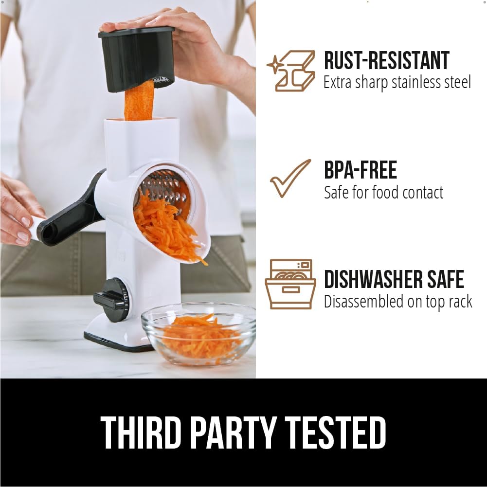 GORILLA GRIP BPA-Free Rotary Cheese Grater Hand Crank, Easy to Set Up, Strong Suction Base for Kitchen Countertop, Shred Potato, Vegetable, Nuts in Seconds, Round Mandoline Slicer, 3 Blades, White