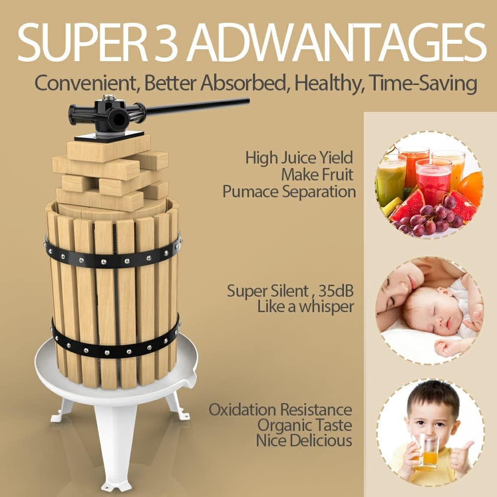 SQUEEZE master Fruit Press- 1.6 Gallon/6L-Solid Wood Basket Wine Press-Vintage traditional juicer-6 Press Wooden Blocks-Pole Handle Bar for Juice,Wine,Cider-1 free filter bag included