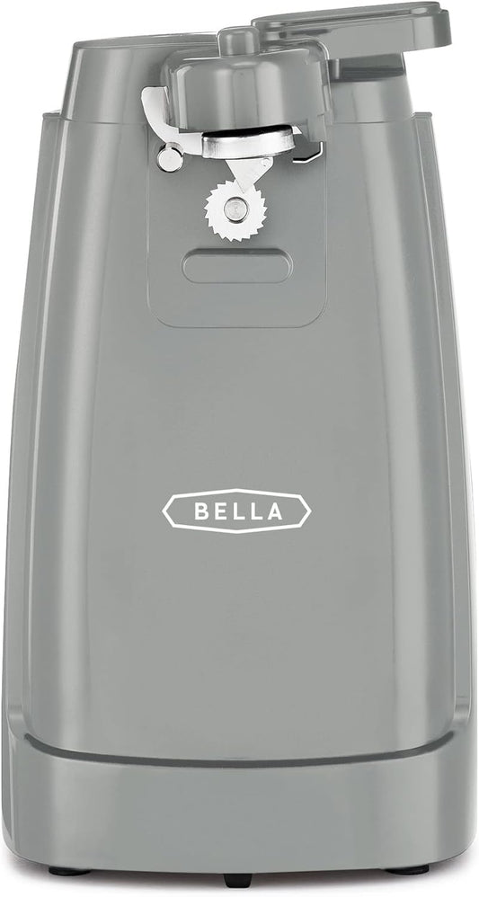 BELLA Electric Can Opener and Knife Sharpener, Multifunctional Jar and Bottle Opener with Removable Cutting Lever and Cord Storage, Stainless Steel Blade, Gray