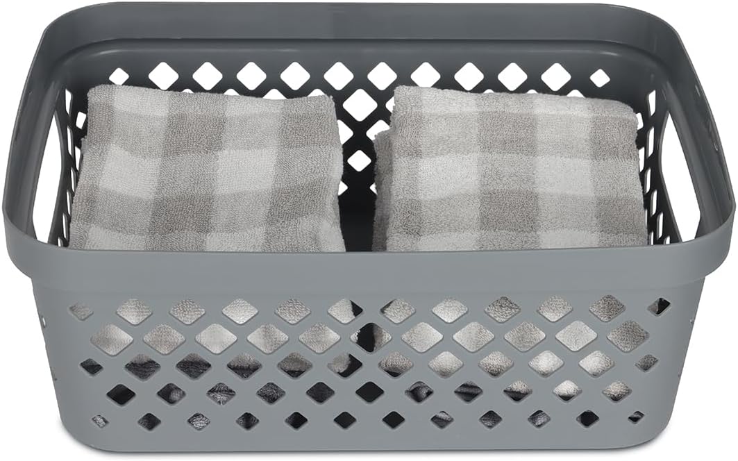 Glad Plastic Storage Basket Set, Value Pack of 6 | Open Storage Bins for Shelves, Bathroom, Pantry, Closet | Nesting Organizer Boxes with Handles, 2 Gallon, Grey