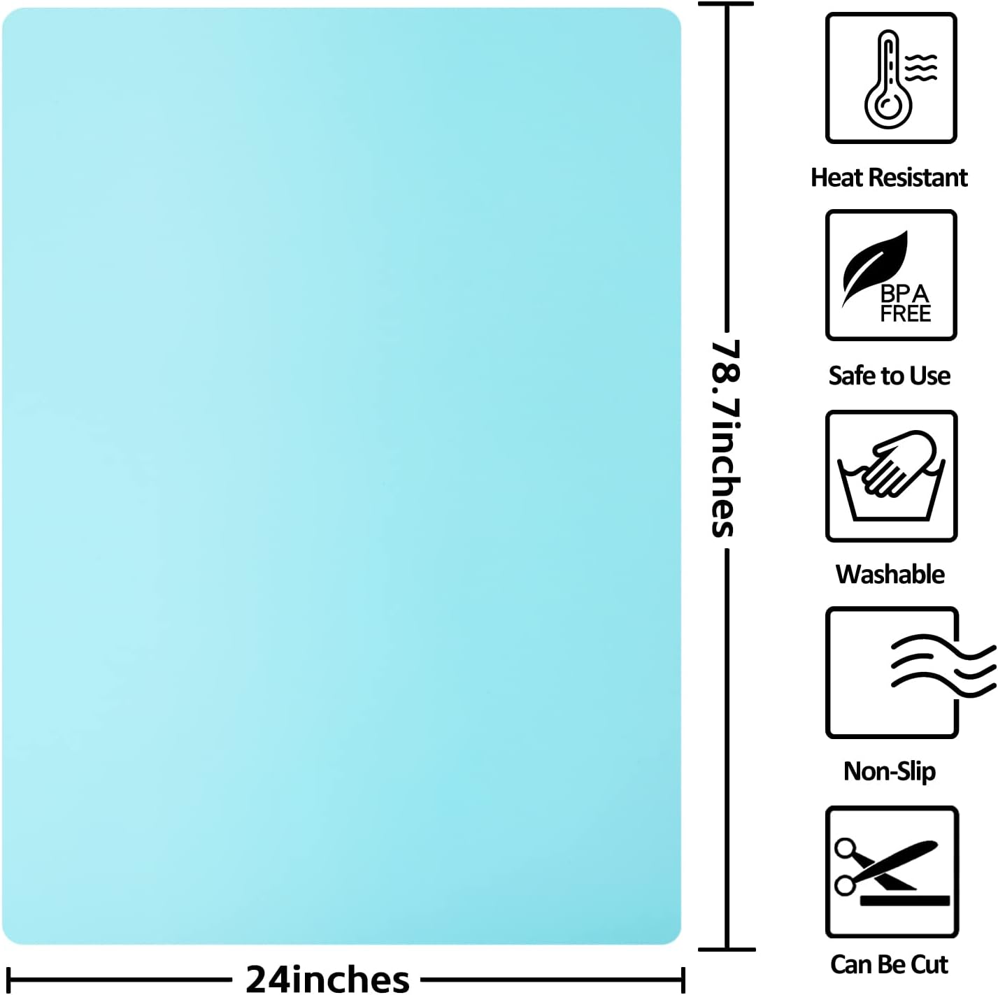 Silicone Mats for Kitchen Counter, Nonslip Silicone Mats for Crafts Countertop Protector Heat Resistant Mat (78.7” x 24” x 0.08”, Cyan)