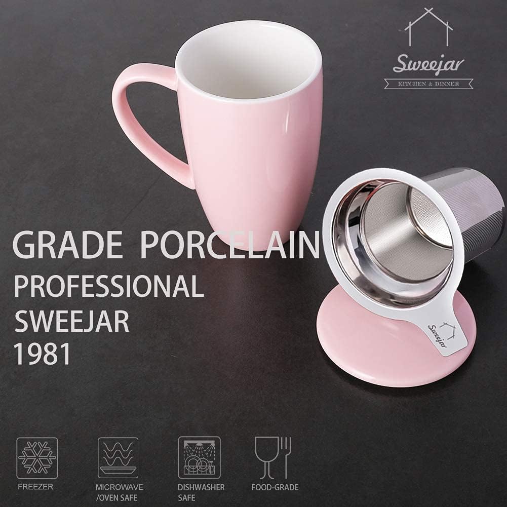 Sweejar Porcelain Tea Infuser Cup with Lid, 16 oz Tea Cup with Strainers for Loose Leaf Tea, Microwave and Dishwasher Safe Coffee Mug, Tea Steeping Mug for Tea Drinkers,Christmas Gift (Pink)