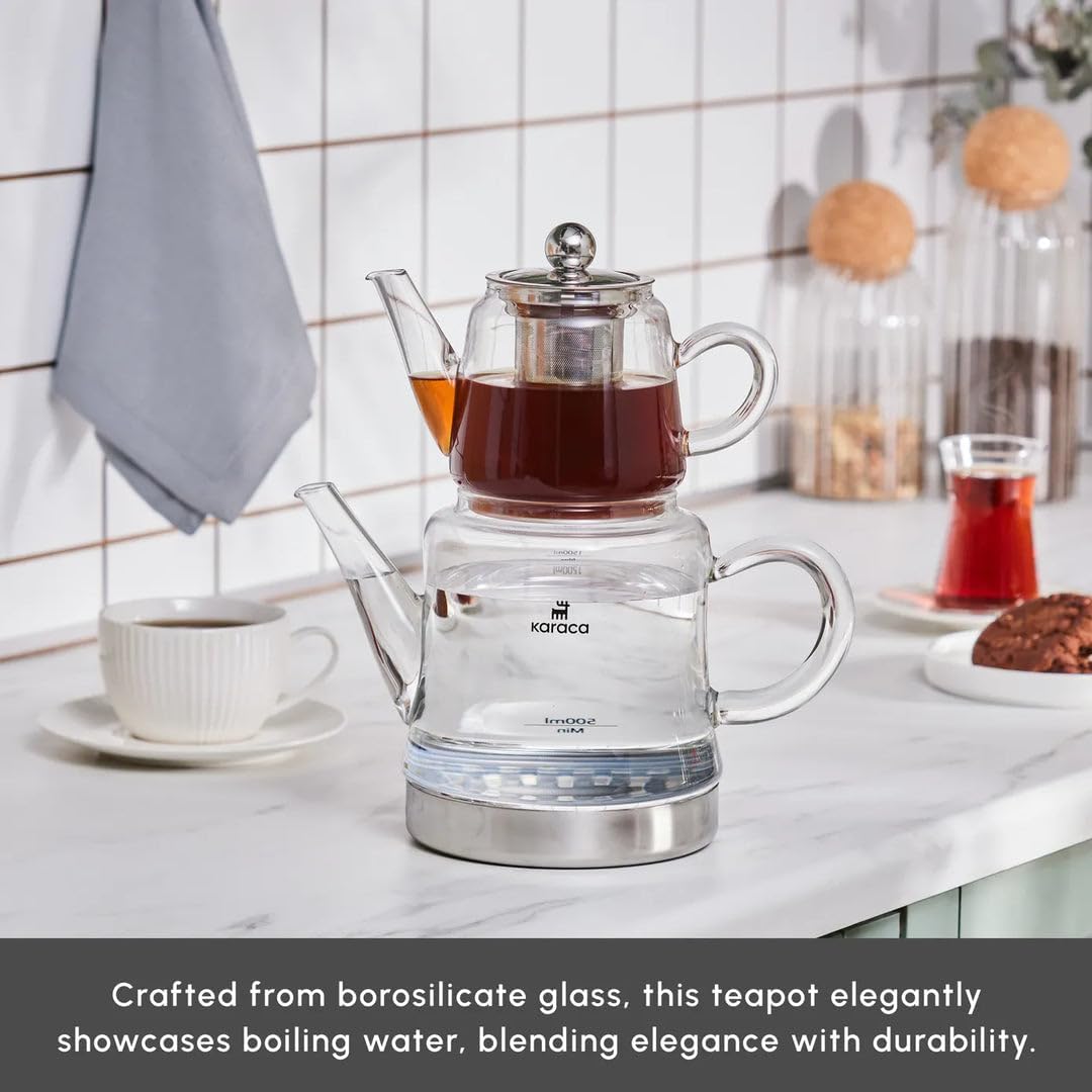 Karaca Dora Teapot Set, Glass, Tea Pot 0.45 L, Kettle 1.8 L, Silver, Transparent, Tea Maker, Turkish Tea Kettle, Tea Maker