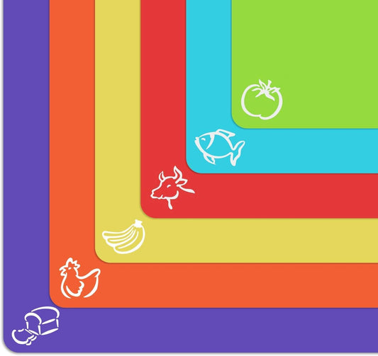 Extra Thick Flexible Plastic Cutting Board Mats with Food Icons & EZ-Grip Waffle Back, (Set of 6) Dishwasher Safe Vibrant