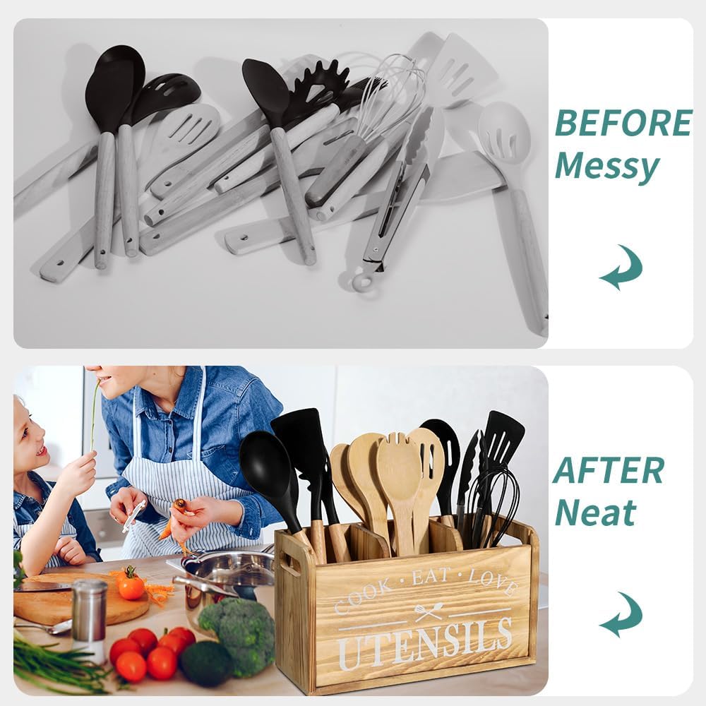 Kitchen Utensil Holder for Countertop, Large Solid Wood Farmhouse Cooking Utensils Organizer for Kitchen Counter, 3 Compartments Utensil Spoon Holder Kitchen Tool Storage for Home Decor (Burned wood)