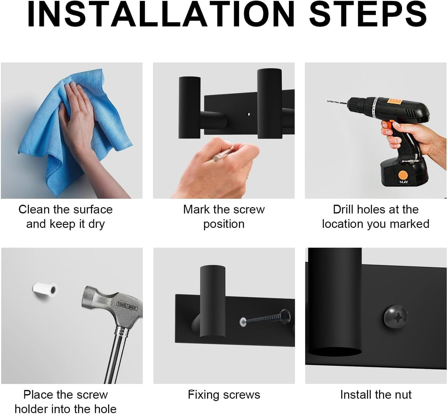 PMMASTO Coat Rack Wall Mounted, 5 "T Shaped Wall Hooks for Hanging, Heavy Duty Stainless Steel Coat Hook Rail for Hat Towel Robes in Bathroom Kitchen Mudroom Entryway (Black, 2 Pack)