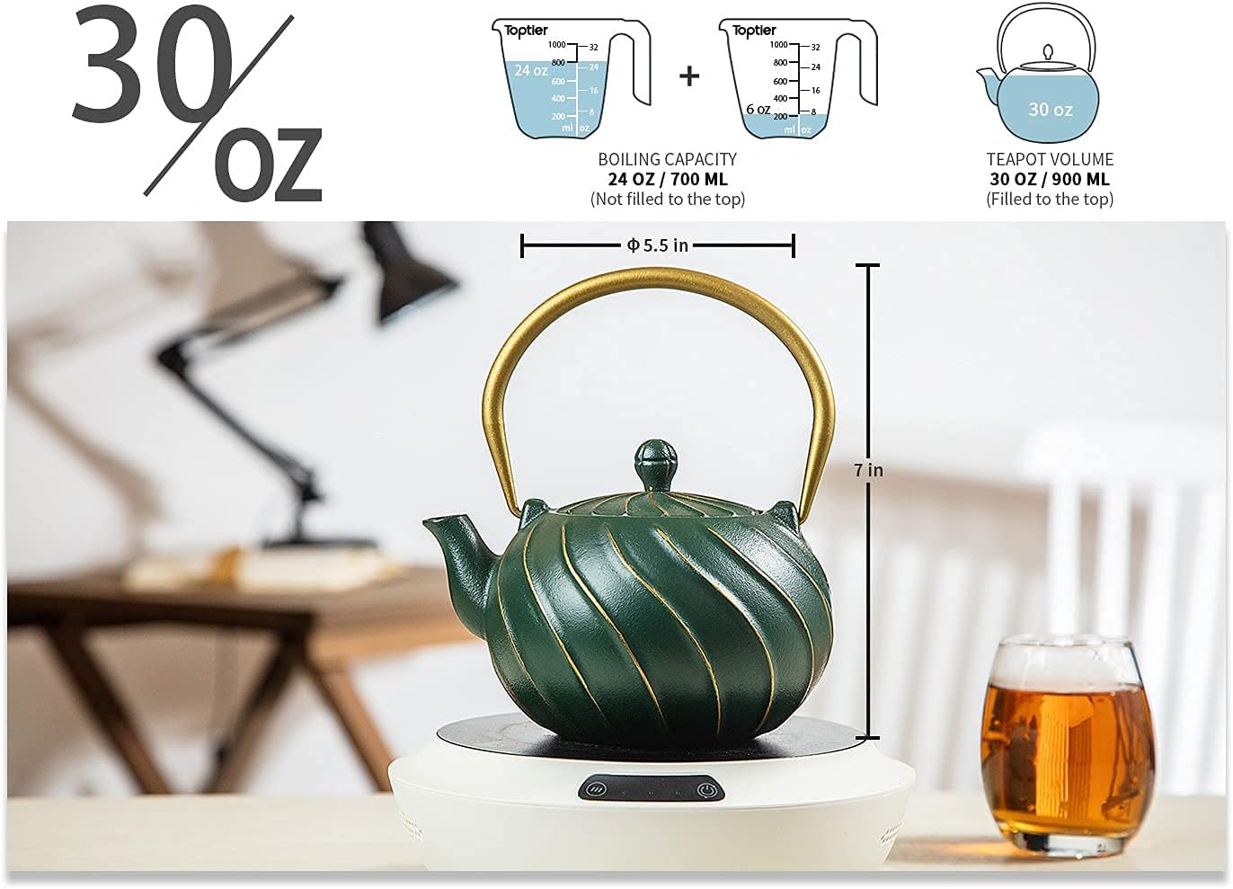 TOPTIER Japanese Cast Iron Teapot with Infuser, Stovetop Safe Teakettle, Wave Design, Enameled Interior, 30 oz (900 ml), Green