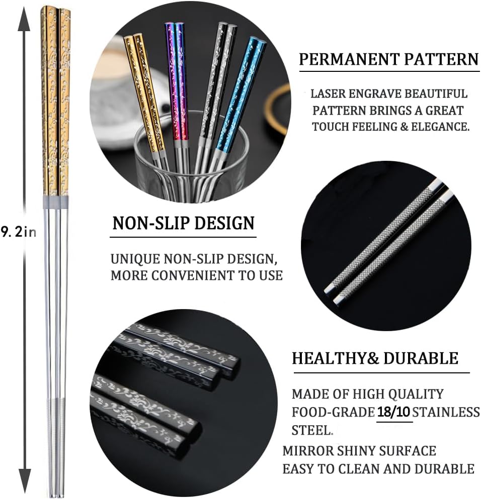 Stainless Steel Chopsticks With Case - Titanium Plated, Reusable, Non-slip, Engraved, Dishwasher Safe - 5 Pairs Set (BJ-Black05)