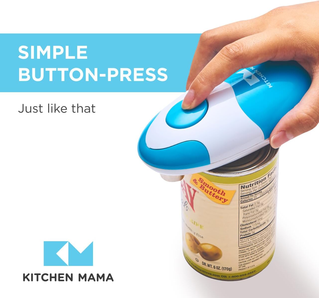 Kitchen Mama Auto Electric Can Opener: Safe, Easy with One Touch, Smooth Edge, Battery Operated, Cordless, Automatic Can Opener for Seniors with Arthritis, Hand Free Appliances, YES YOU CAN (Sky Blue)