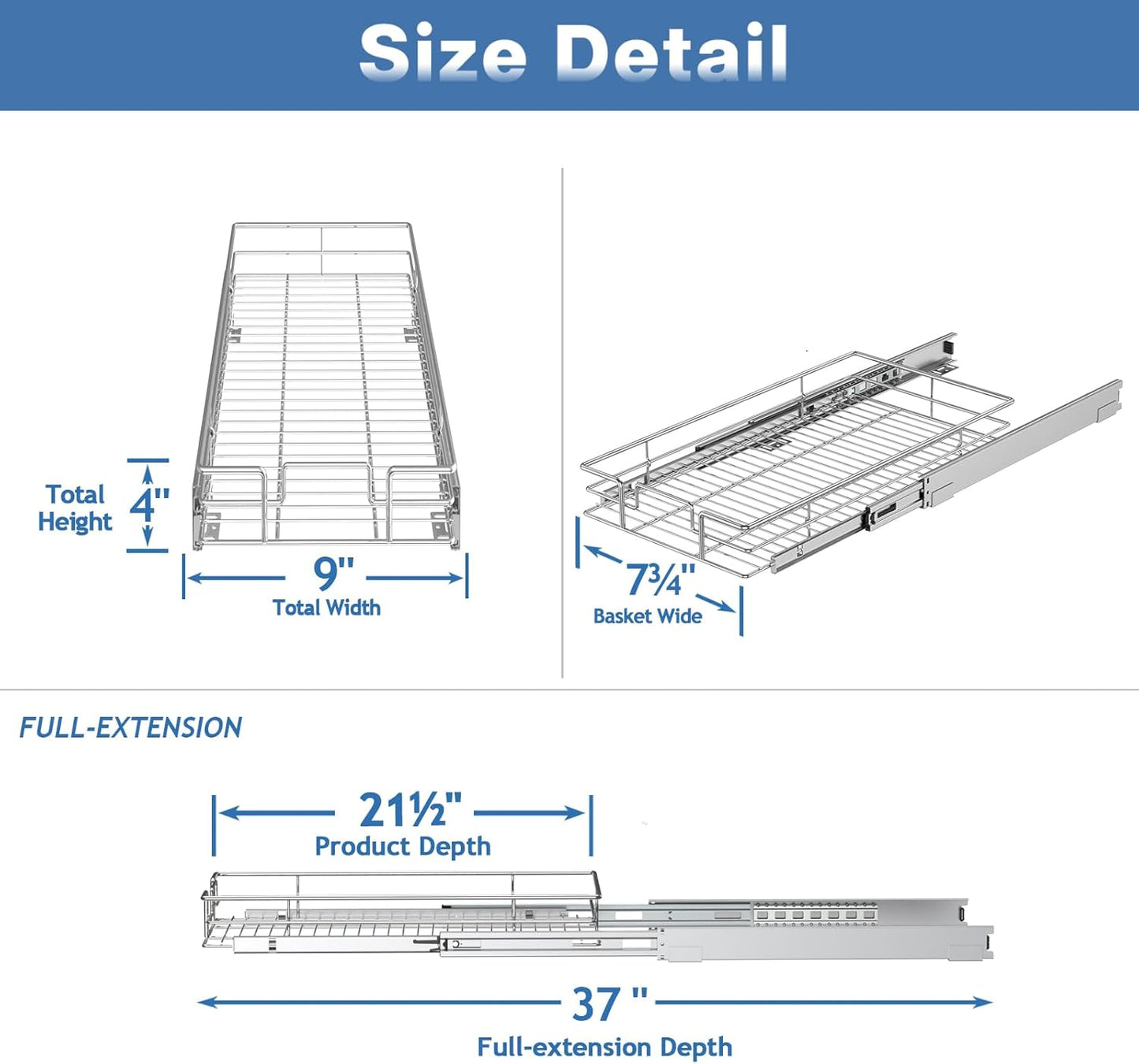 ROOMTEC Pull Out Cabinet Organizer, Single Tier, Black, Kitchen, 9" W x 21" D x 3.5" H, Heavy Duty Slide Out Shelves
